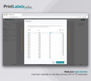 Dataset Manager van PrintLabels.Online met geïmporteerde gegevens voor het automatisch vullen van variabele labelvelden